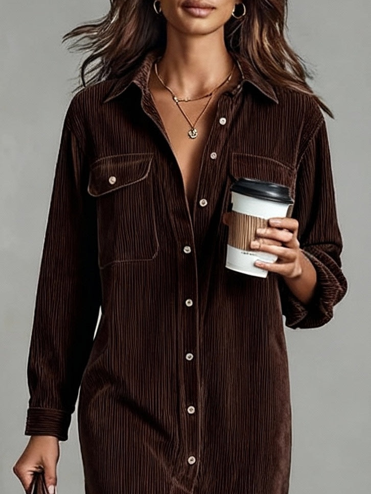 Lucinda | Loose Corduroy Double Chest Pocket Single Breasted Midi Dress