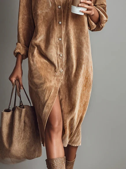Lucinda | Loose Corduroy Double Chest Pocket Single Breasted Midi Dress
