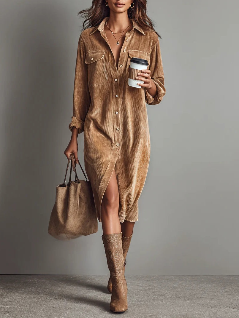 Lucinda | Loose Corduroy Double Chest Pocket Single Breasted Midi Dress