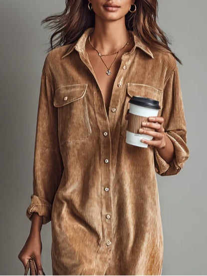 Lucinda | Loose Corduroy Double Chest Pocket Single Breasted Midi Dress
