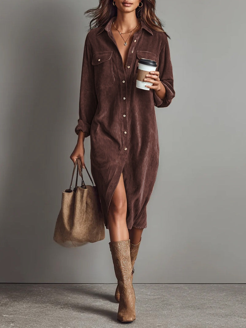 Lucinda | Loose Corduroy Double Chest Pocket Single Breasted Midi Dress
