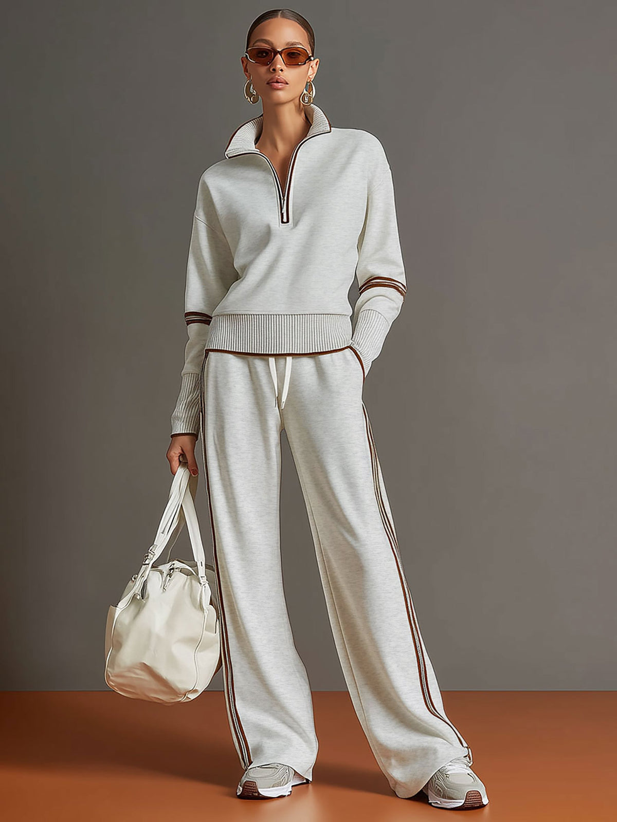 Eva | Retro Sporty Webbing Grey-white Half-zip Sweatshirt And Wide-leg Pants Set