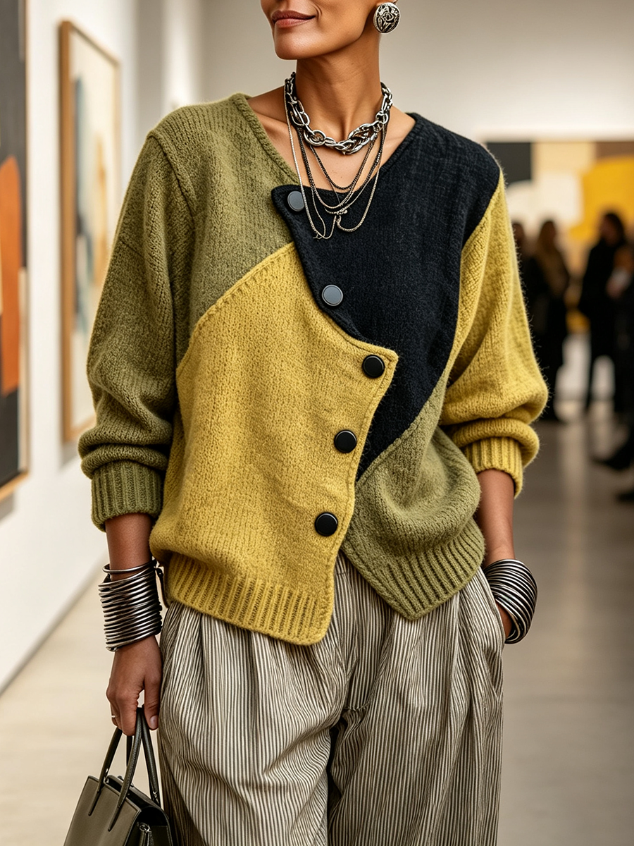 Catherine | Asymmetrical Color-Block Knit Pullover